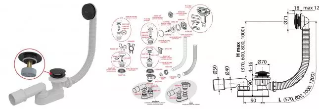 Сифон для ванны слив-перелив «AlcaPlast» A507 перелив 57 см чёрный матовый Клик-клак