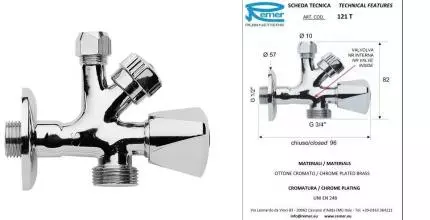Кран бытовой трехходовой «Remer» RR 121T 1/2"-3/4"-10ц комбинированный НР-под цангу хром Кран бытовой трехходовой «Remer» RR 121T 1/2"-3/4"-10ц комбинированный НР-под цангу хром