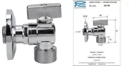 Кран шаровой бытовой «Remer» RR 261NR 1/2"-3/4" с обратным клапаном НР-НР хром