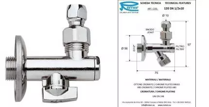 Кран шаровой бытовой «Remer» RR 123SN 1/2"-10ц фильтр,цанга на шарнире НР-под цангу хром