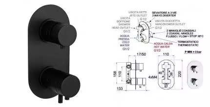 Смеситель для душа «Remer» Minimal Thermo NT93NO с термостатом чёрный матовый