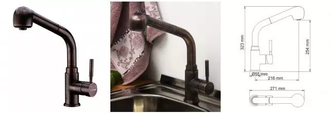 Смеситель для кухонной мойки «WasserKRAFT» A8247 с выдвижным изливом тёмная бронза