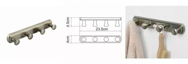 Планка с крючками «WasserKRAFT» K-1094 на стену светлая бронза