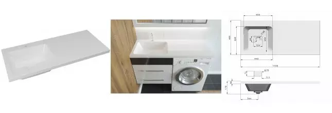 Раковина над стиральной машиной «Madera» Kamilla 110 L литьевой мрамор белая левая