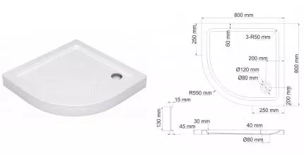 Душевой поддон «WasserKRAFT» Isen 26T00 80/80 низкий акриловый четверть круга белый