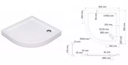 Душевой поддон «WasserKRAFT» Isen 26T01 90/90 низкий акриловый четверть круга белый