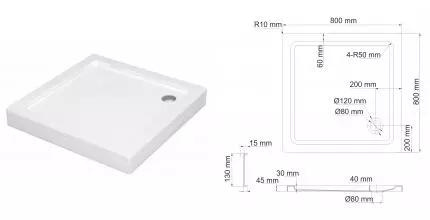 Душевой поддон «WasserKRAFT» Amper 29T02 80/80 низкий акриловый квадратный белый