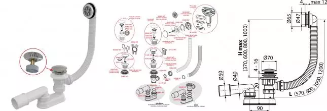 Сифон для ванны слив-перелив «AlcaPlast» A505CKM-100 перелив 100 см хром Клик-клак