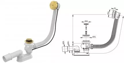 Сифон для ванны слив-перелив «AlcaPlast» A55GOLD-80-RU-01 перелив 80 см золото полуавтомат