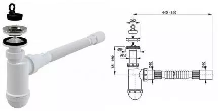 Сифон для раковины «AlcaPlast» A41+A71 хром/белый