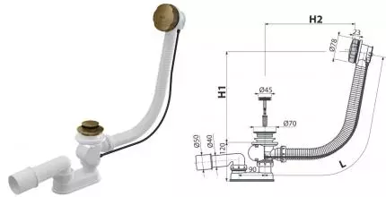 Сифон для ванны слив-перелив «AlcaPlast» A55ANTIC-100-RU-01 перелив 100 см антик полуавтомат
