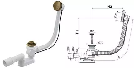 Сифон для ванны слив-перелив «AlcaPlast» A55ANTIC-80-RU-01 перелив 80 см антик полуавтомат