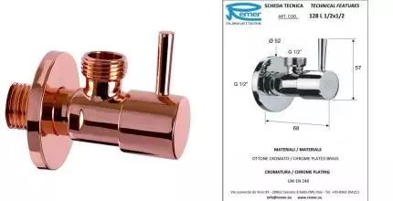 Кран бытовой «Remer» Minimal RR128L 1/2"-1/2"RL НР-НР медь