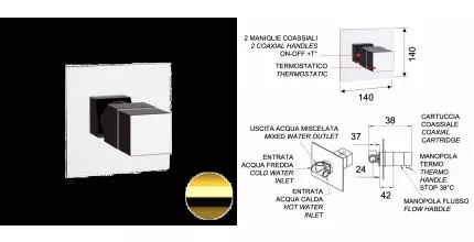 Смеситель для душа «Remer» Qubica Thermo QT30DO с термостатом золото
