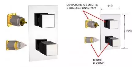Внешняя часть смесителя «Remer» Qubica Thermo QT92KB на 2 выхода хром