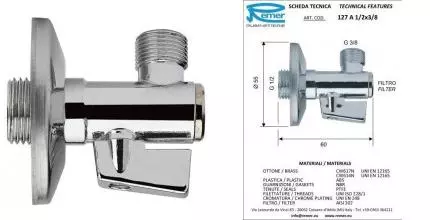 Кран шаровой бытовой «Remer» RR127A 1/2"- 3/8" с фильтром НР-НР хром