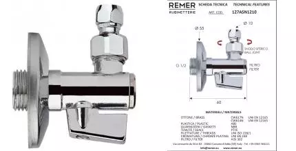 Кран шаровой бытовой «Remer» RR127ASN1/2"-10 цанга с фильтром,цанга на шарнире НР-под цангу хром
