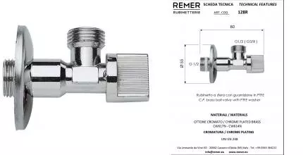 Кран шаровой бытовой «Remer» RR128R1/2"-3/8" НР-НР хром Кран шаровой бытовой «Remer» RR128R1/2"-3/8" НР-НР хром