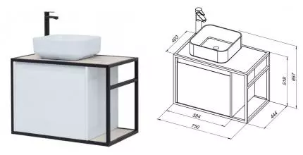 Тумба с раковиной «Aquanet» Nova Lite LOFT 75 столешница TF01 серая подвесная белый глянец левая