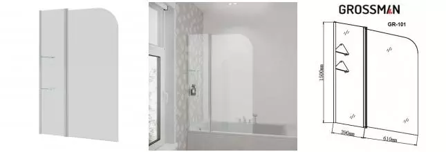 Шторка на ванну стеклянная «Grossman» GR-101 100/150 прозрачная/хром универсальная