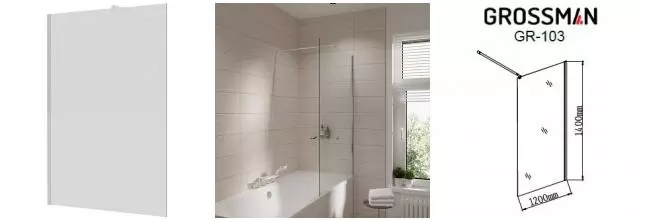 Шторка на ванну стеклянная «Grossman» GR-103 120/140 прозрачная/хром универсальная Шторка на ванну стеклянная «Grossman» GR-103 120/140 прозрачная/хром универсальная