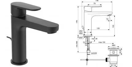 Смеситель для раковины «Ideal Standard» Cerafine O BC699XG с донным клапаном чёрный матовый