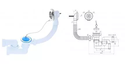 Сифон для ванны слив-перелив «АНИпласт» E250 перелив 50 см хром с пробкой