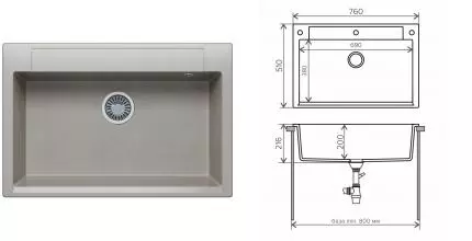 Мойка для кухни «Polygran» Argo-760 76/51 №14 искусственный камень серая Мойка для кухни «Polygran» Argo-760 76/51 №14 искусственный камень серая