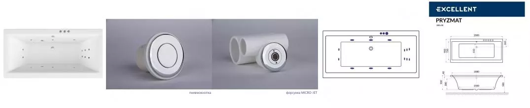 Гидромассажная ванна акриловая «Excellent» Pryzmat 200/90 Smart с каркасом с сифоном белая/хром