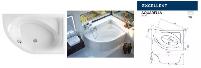 Ванна акриловая «Excellent» Aquarella 150/100 без опор без сифона белая правая Ванна акриловая «Excellent» Aquarella 150/100 без опор без сифона белая правая