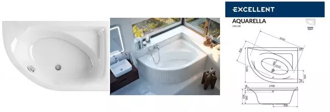 Ванна акриловая «Excellent» Aquarella 170/110 без опор без сифона белая правая Ванна акриловая «Excellent» Aquarella 170/110 без опор без сифона белая правая