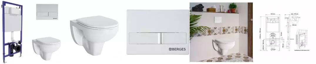 Комплект инсталляция с унитазом, крышкой и кнопкой смыва «Berges Wasserhaus» Novum 525 042428/Gamma/кнопка L4 белый