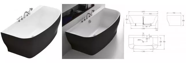 Ванна акриловая «Belbagno» BB74-NERO-W0 165/78 без перелива с ножками без сифона белая/чёрная