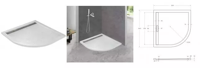 Душевой поддон «Cezares» TRAY-AS-R-100-30-W 100/100 низкий из литьевого мрамора четверть круга без сифона белый