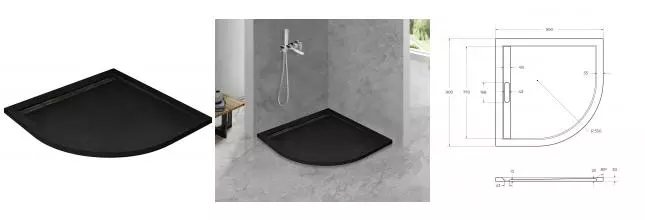 Душевой поддон «Cezares» TRAY-AS-R-90-30-NERO 90/90 низкий из литьевого мрамора четверть круга без сифона чёрный матовый