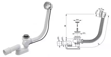 Сифон для ванны слив-перелив «AlcaPlast» A55K-80-RU-01 перелив 80 см хром полуавтомат