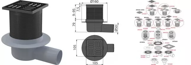 Трап для душа «AlcaPlast» APV31 105/105 APV31BLACK боковой выпуск чёрный 