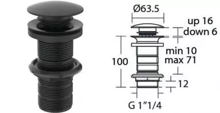 Донный клапан для раковины «Ideal Standard» E1483XG с механизмом Клик-Клак чёрный матовый