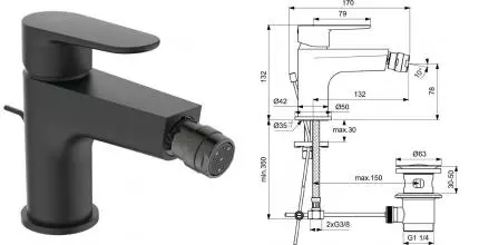 Смеситель для биде «Ideal Standard» Cerafine O BC705XG с донным клапаном чёрный матовый