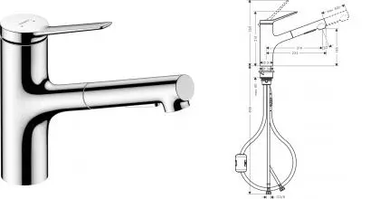 Смеситель для кухонной мойки «Hansgrohe» Zesis M33 74800000 с выдвижным изливом хром