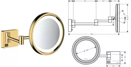 Косметическое зеркало «Hansgrohe» AddStoris 41790990 на стену полированное золото Косметическое зеркало «Hansgrohe» AddStoris 41790990 на стену полированное золото