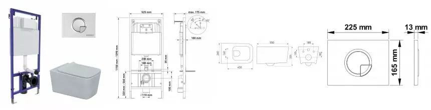 Комплект инсталляция с унитазом, крышкой и кнопкой смыва «Berges Wasserhaus» 043281 Novum 525/Floe/кнопка R2 безободковый белый Комплект инсталляция с унитазом, крышкой и кнопкой смыва «Berges Wasserhaus» 043281 Novum 525/Floe/кнопка R2 безободковый белый