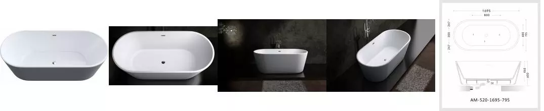 Ванна акриловая «Art&Max» AM-520 169/79 с ножками с сифоном белая