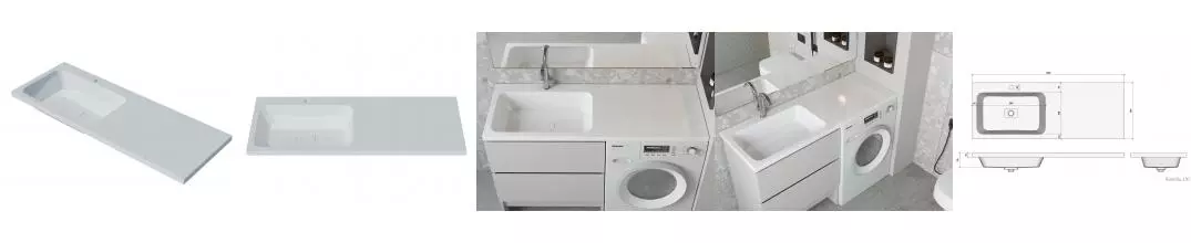 Раковина над стиральной машиной «Madera» Kamilla 130 L литьевой мрамор белая с донным клапаном левая