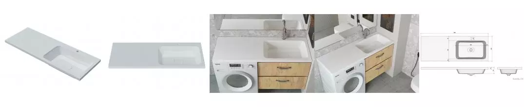 Раковина над стиральной машиной «Madera» Kamilla 130 R литьевой мрамор белая с донным клапаном правая