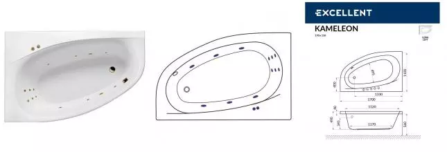Гидромассажная ванна акриловая «Excellent» Kameleon 170/110 Line с каркасом с сифоном белая/бронза левая