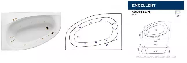 Гидромассажная ванна акриловая «Excellent» Kameleon 170/110 Line с каркасом с сифоном белая/золото левая