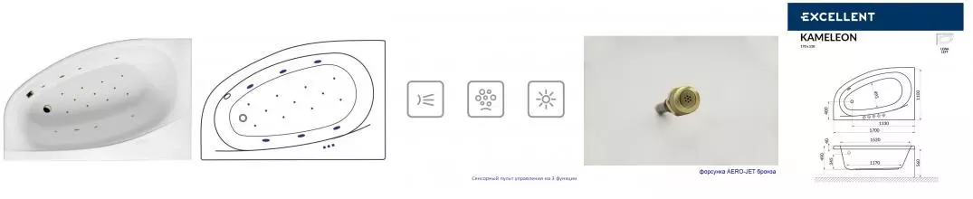 Гидромассажная ванна акриловая «Excellent» Kameleon 170/110 Relax с каркасом с сифоном белая/бронза левая Гидромассажная ванна акриловая «Excellent» Kameleon 170/110 Relax с каркасом с сифоном белая/бронза левая