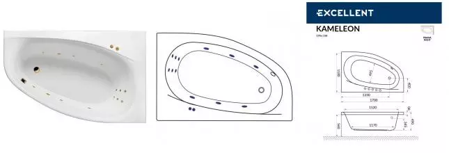 Гидромассажная ванна акриловая «Excellent» Kameleon 170/110 Line с каркасом с сифоном белая/золото правая