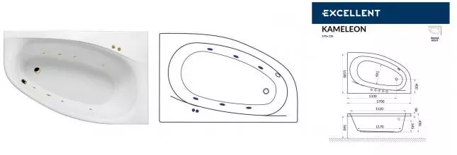 Гидромассажная ванна акриловая «Excellent» Kameleon 170/110 Soft с каркасом с сифоном белая/золото правая